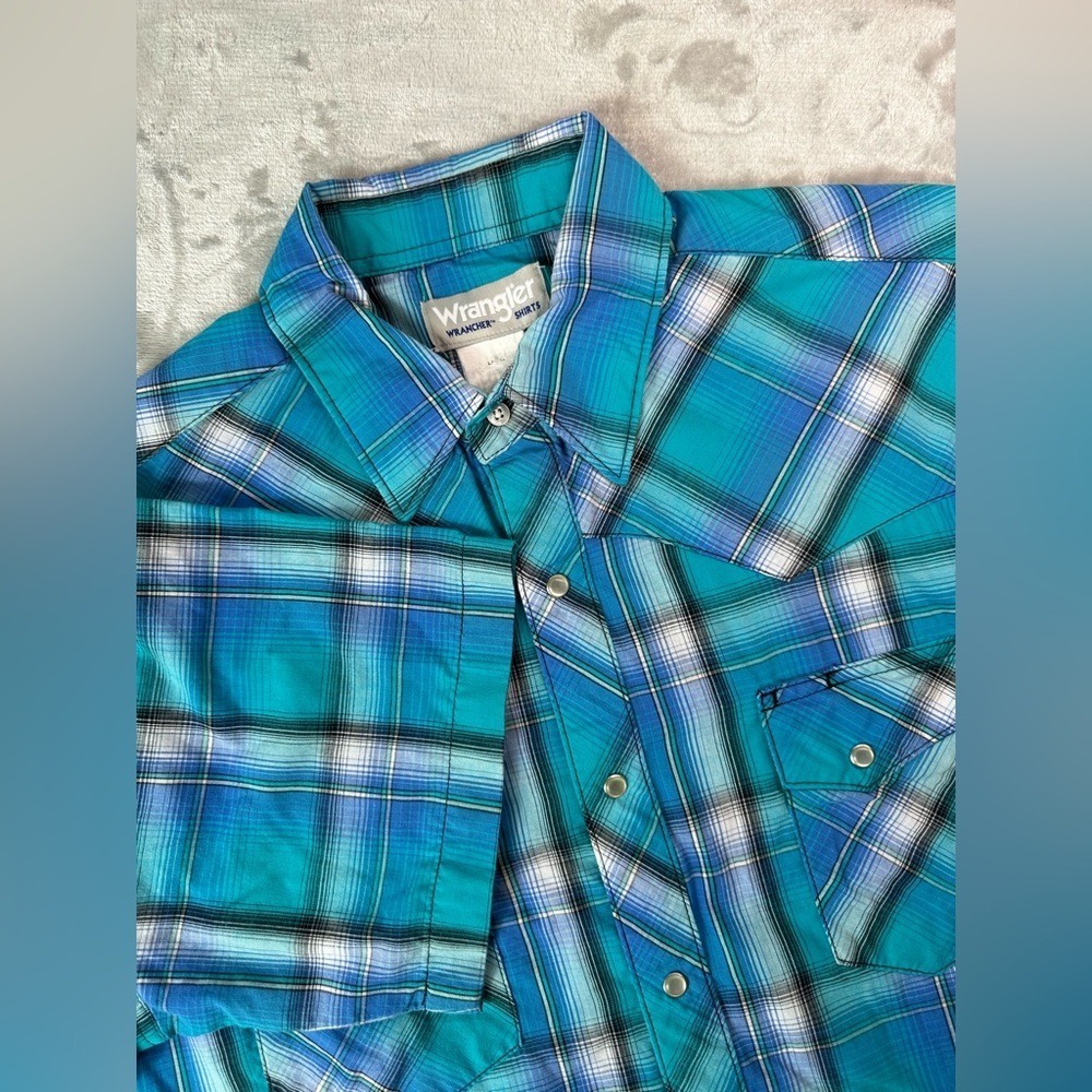 Wrangler Wrancher Shirt Mens Large Blue Plaid Pearl Snap Western Cowboy Rodeo
